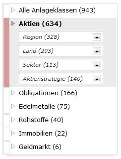 ETF Suche nach Anlageklassen