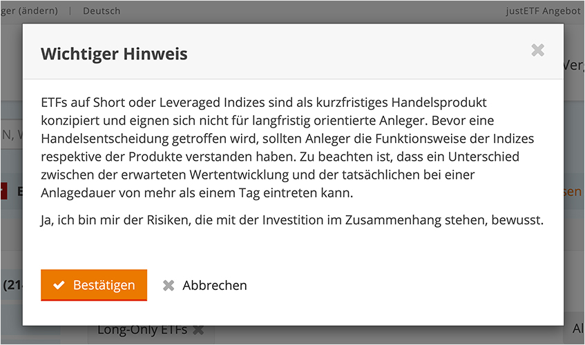 Hinweis Short oder Leveraged Indizes