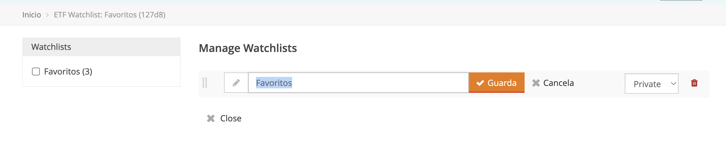 Cambiar el nombre de la lista de vigilancia