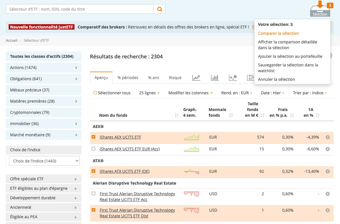 Sélection d'ETF à comparer