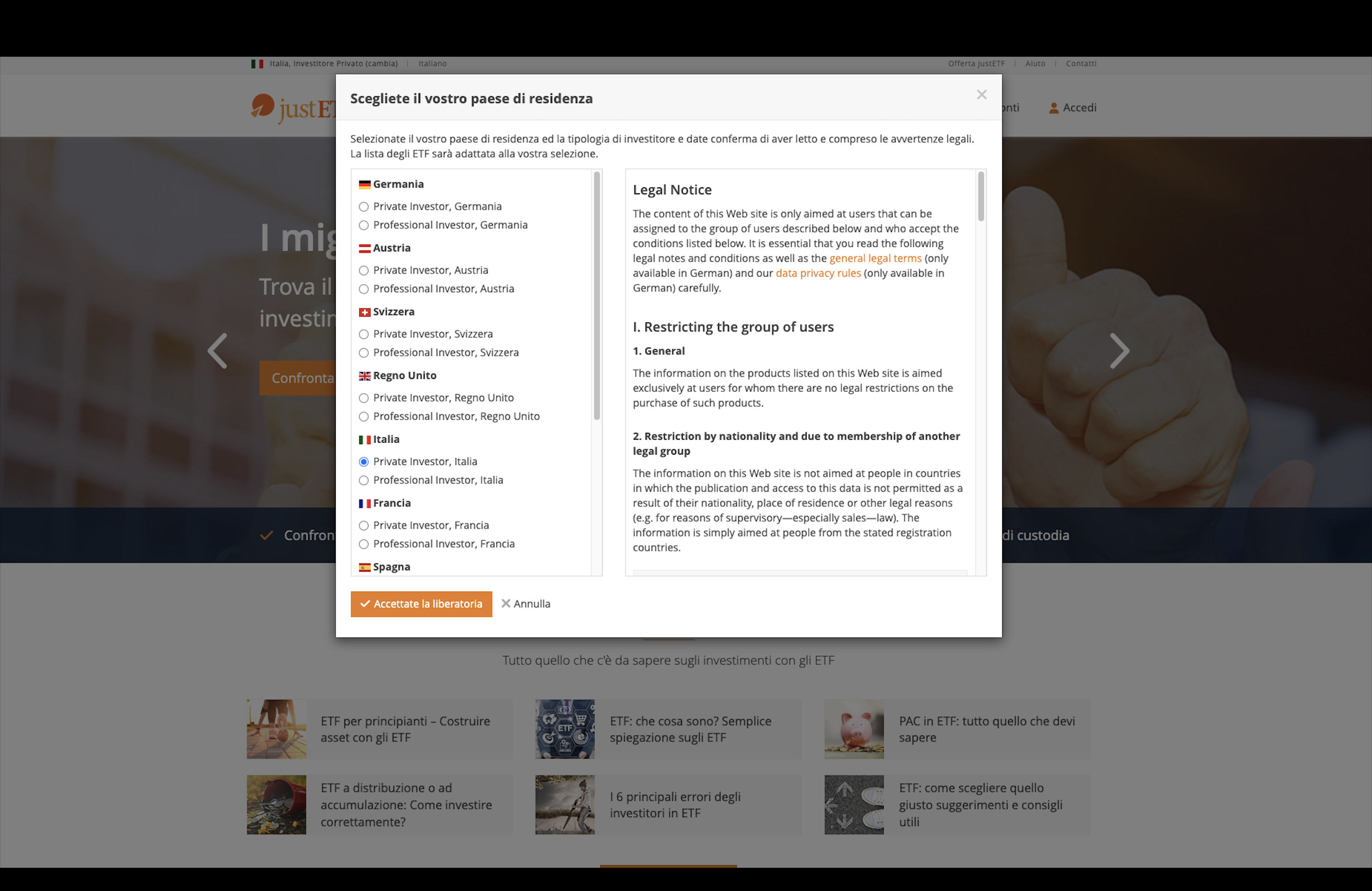 Potete impostare il vostro Paese d'origine in alto a sinistra nella home page