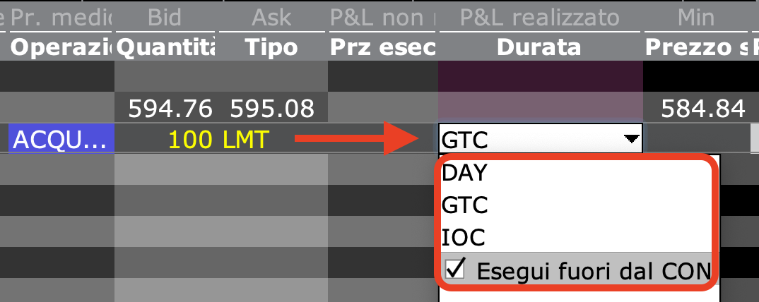 Impostazione durata DAY o GTC