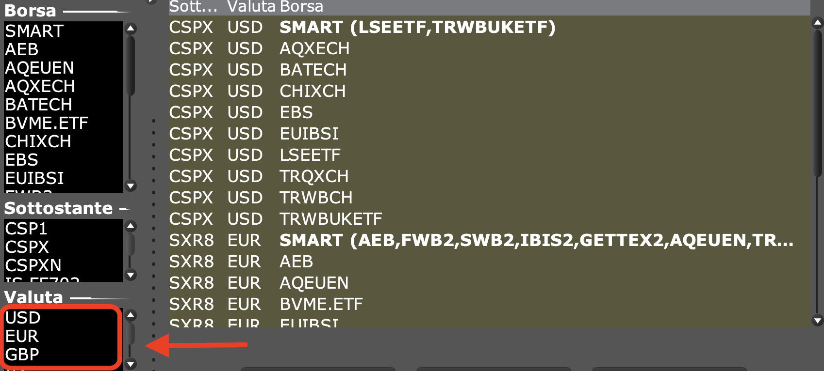 Filtro per selezionare la valuta EUR su Interactive Brokers
