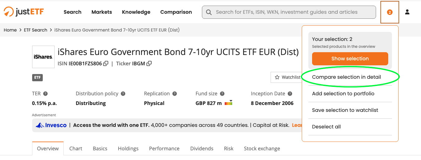 Screenshot of the justETF comparison interface with compare selection highlighted
