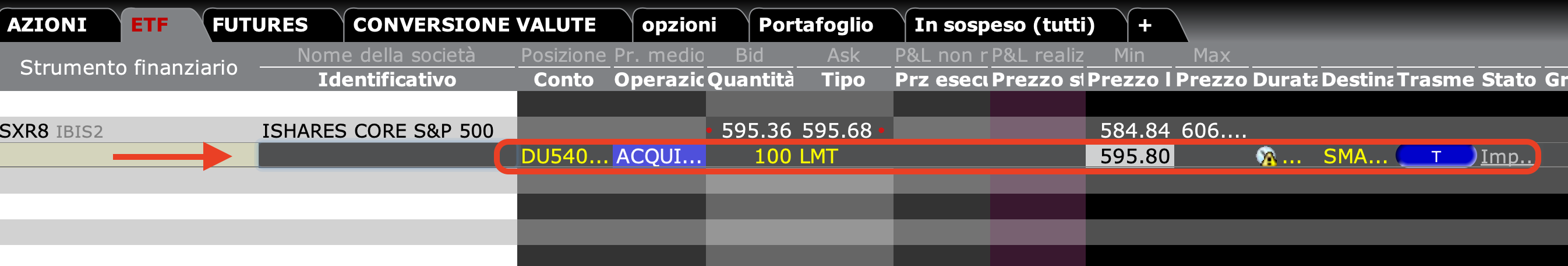 Generazione della riga dell'ordine in TWS